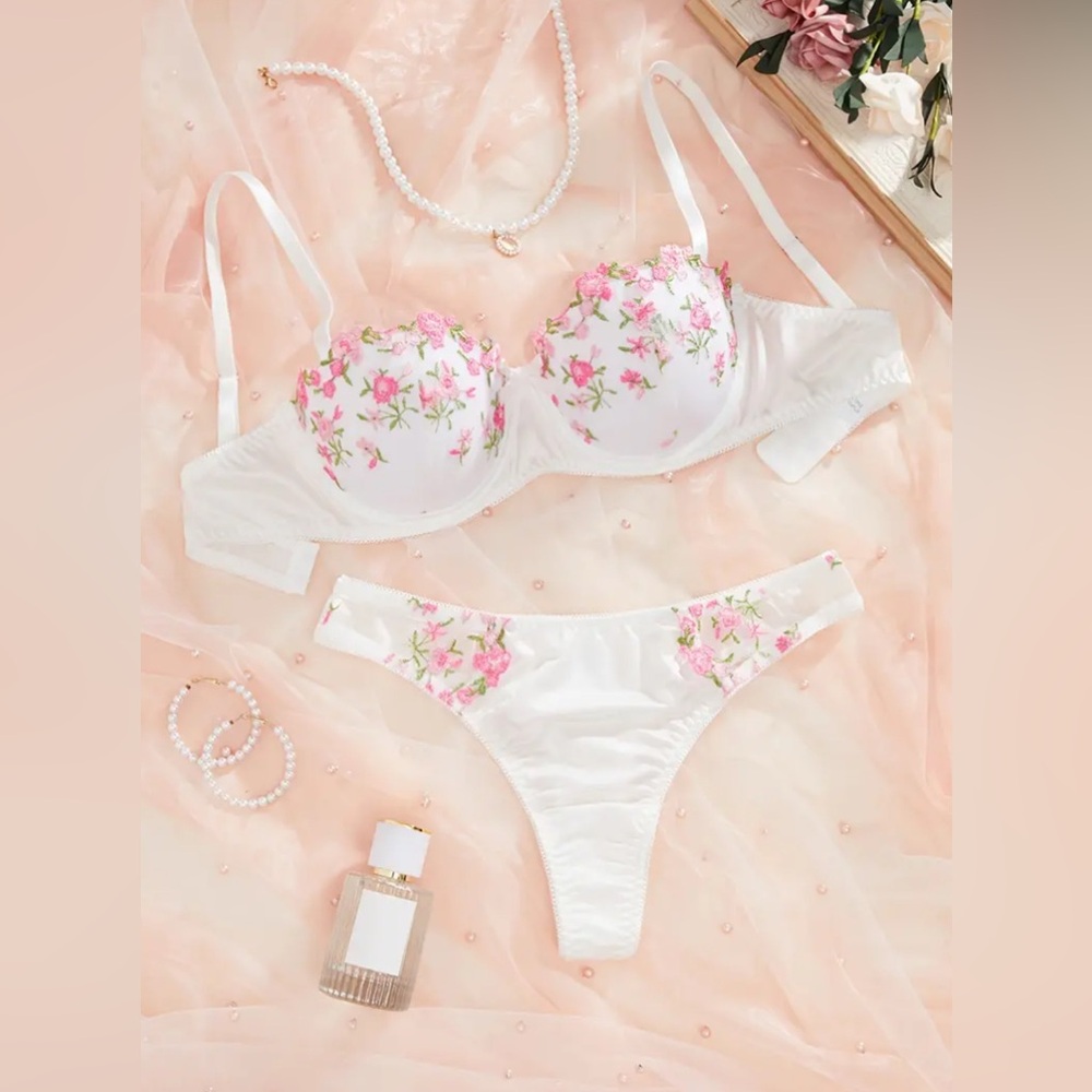 Gigi Angelic White & Pink Floral Embroidered Mesh Bra + Panty Thong Set